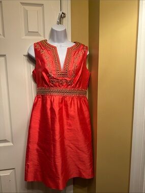 Kate Spade  Red Embellished Silk Gold tone rivets V-Neck Sleeveless Dress